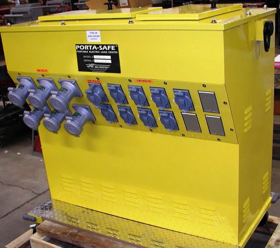 Orange Porta-Safe distribution box with rows of receptacles for shipyard use