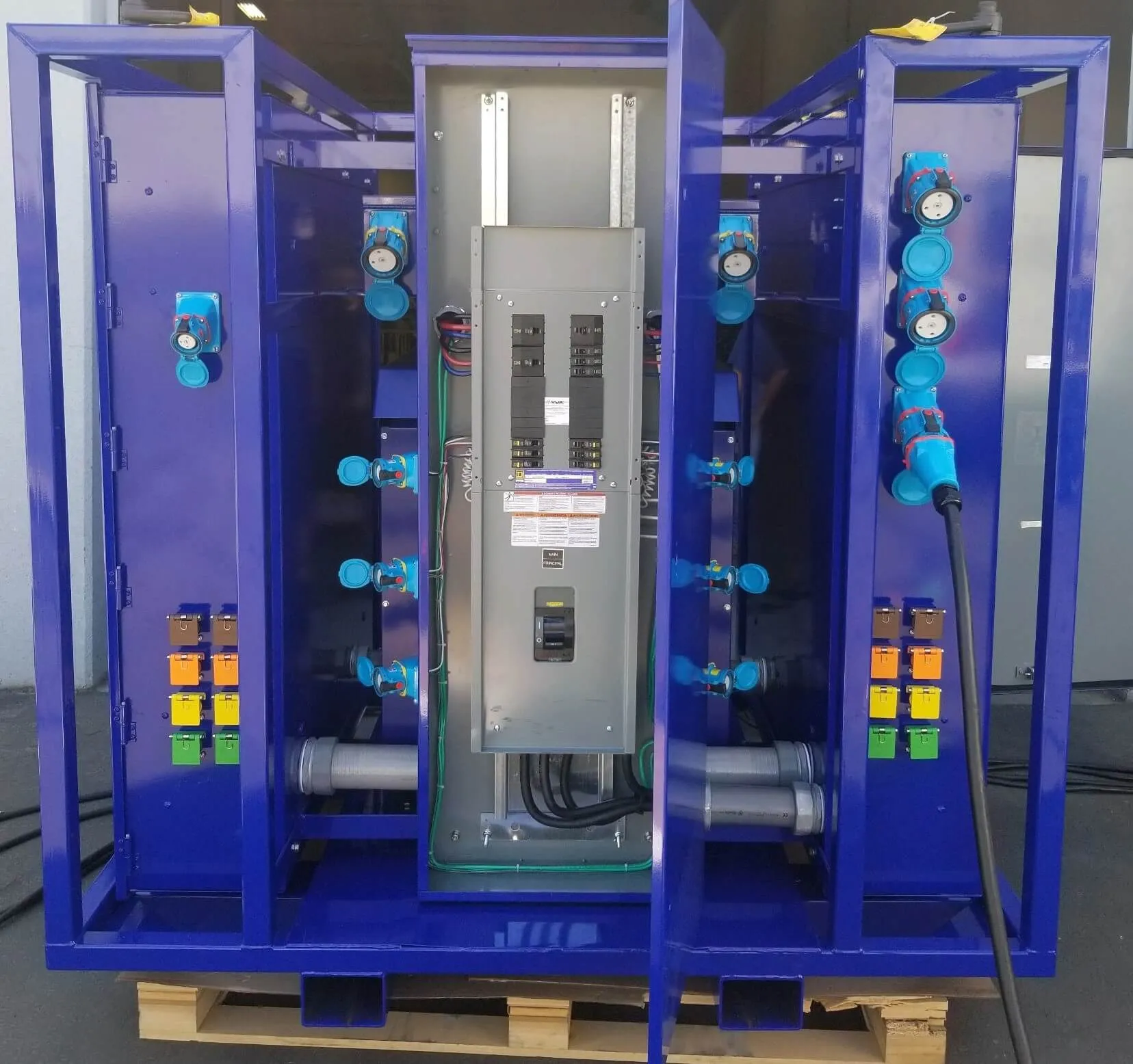 Blue-framed Porta-Safe shipyard power distribution unit with decontactor-style receptacles