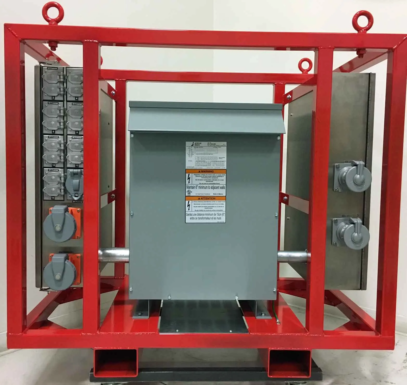Side view of a Porta-Safe unit in an orange lifting frame showing the receptacle panel